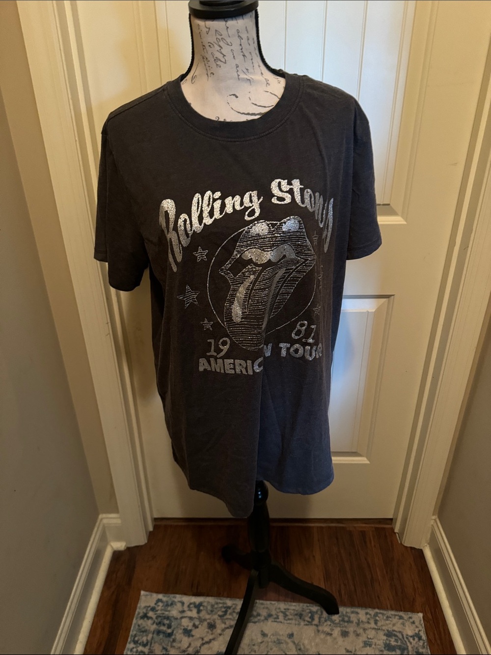 the Rolling Stones Black Short Sleeve Graphic Tee with Silver Glitter Print